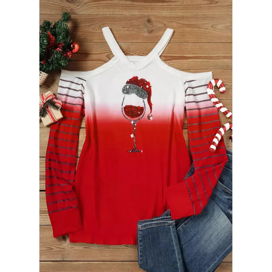 Bellelily Christmas Wine Glass Gradient Cold Shoulder Blouse +