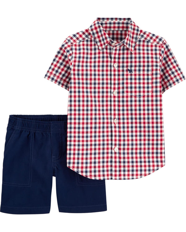 Carter's 2-Piece Plaid Button-Front Shirt & Poplin Short Set, 6M*