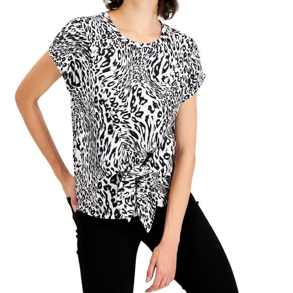 INC Women's T-Shirt White Medium M Knit Snow Leopard Print Tie Front, XS +