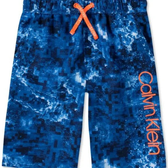 C.K Big Boys Abstract Wave-Print Logo Swim Trunks +