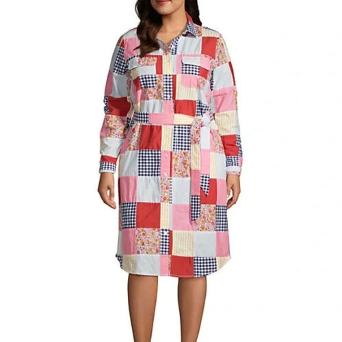 Lands' End Poplin Button Front Patchwork Long Sleeve Shirt Dress, L +