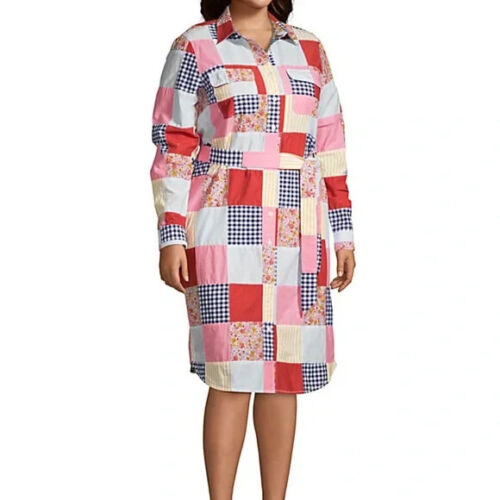 Lands' End Poplin Button Front Patchwork Long Sleeve Shirt Dress, L +