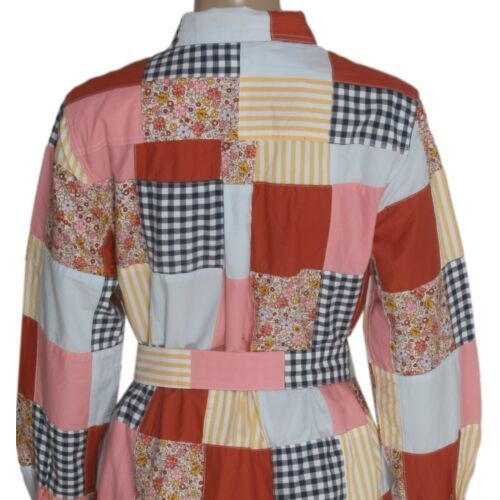 Lands' End Poplin Button Front Patchwork Long Sleeve Shirt Dress, L +