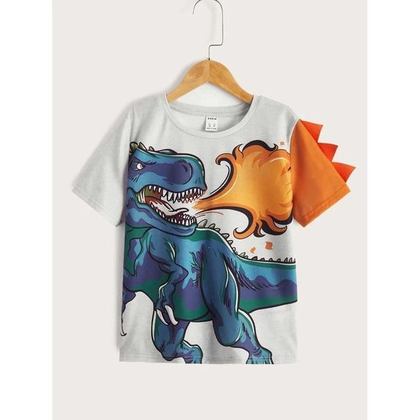 Shein Boys Triangle Trim Fire And Dinosaur Print Top, 6T - Hatolna Shop