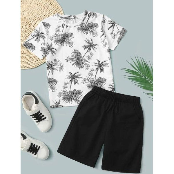Shein Boys Tropical Print Tee & Drawstring Waist Shorts Set, 13-14T - Hatolna Shop