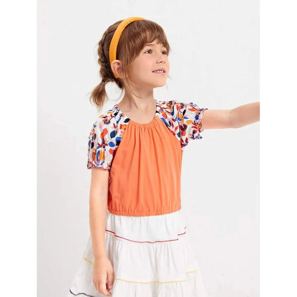 SHEIN Leaf Print Elastic Hem Blouse, 2T - Hatolna Shop