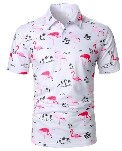 Shein Men Flamingo & Palm Tree Print Polo Shirt, XXL - Hatolna Shop