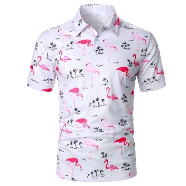 Shein Men Flamingo & Palm Tree Print Polo Shirt, XXL - Hatolna Shop