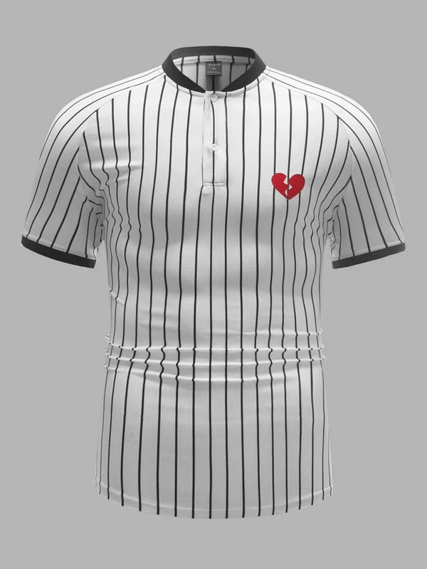 Shein Men Heart Print Striped Pattern Raglan Sleeve Polo Shirt, XXL - Hatolna Shop