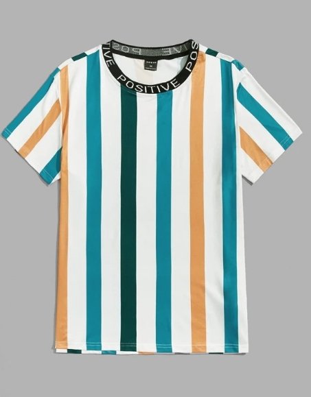 Shein Men Letter Tape Neck Striped Tee, XXL - Hatolna Shop