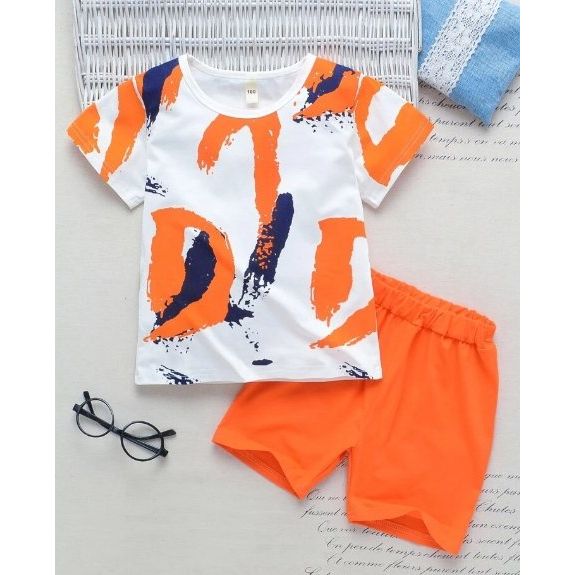 Shein Toddler Boys Brush Stroke Print Tee & Shorts Set, 7-8T - Hatolna Shop